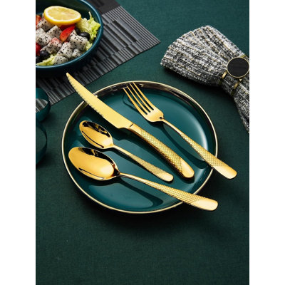 Luxury Gold Hammered Flatware Set with Ultra Sharp 2-in-1 Serrated Knives – Premium Stainless Steel Silverware Cutlery Set