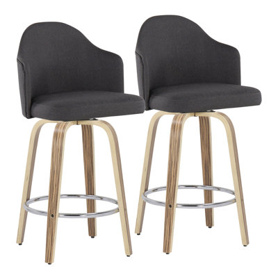 Fixed-Height Counter Stool With Zebra Wood Legs And Round Chrome Footrest With Charcoal Fabric - Set Of 2