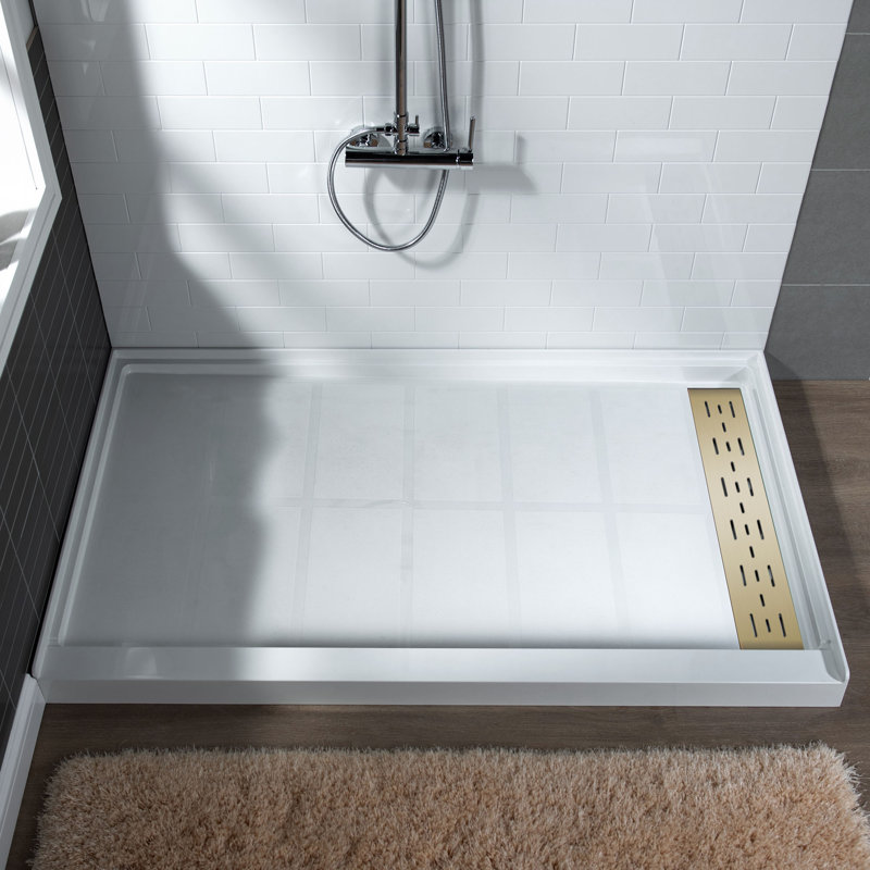 60" W x 30" D  Solid Surface Single Threshold Shower Pan Base with Drain Assembly & Drain Cover Included, Non-Slip, Right