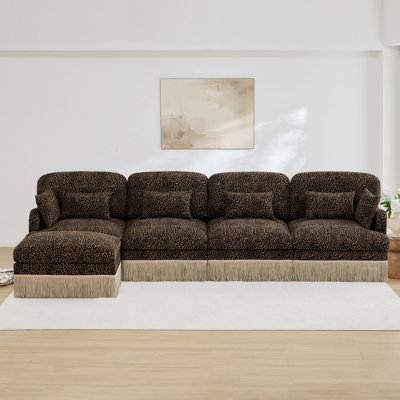 L-Shaped Sofa with Movable Ottoman, Tassel Trim