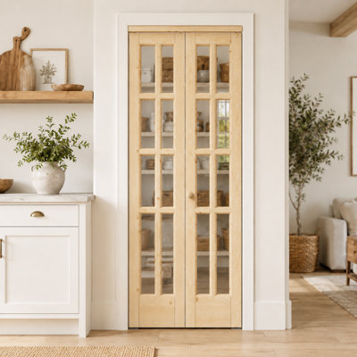 Porte pivotante ou pliante en verre transparent de 30 po x 80 po à 10 panneaux et en bois massif avec quincaillerie d'installation