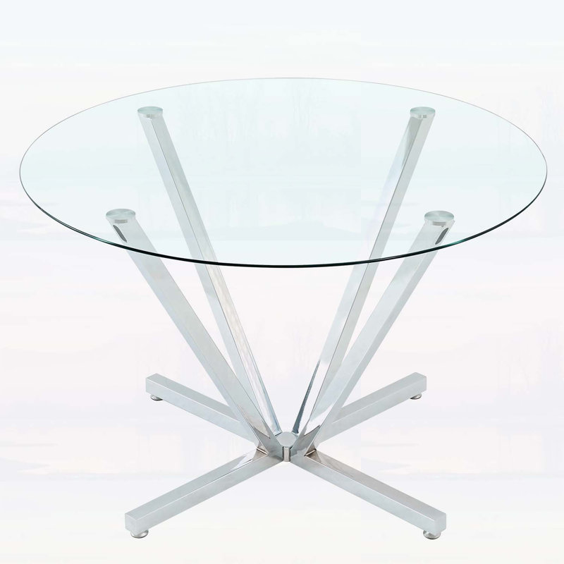 Table de salle à manger ronde moderne en verre trempé avec pieds chromés argentés, facile à assembler pour les espaces compacts