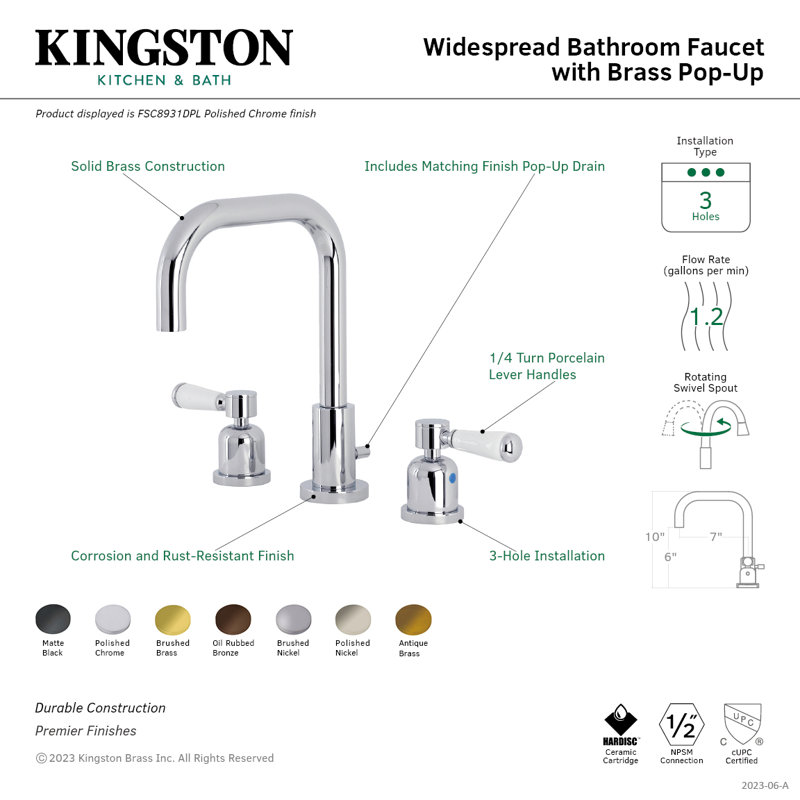Kingston Brass Two-Handle 3-Hole Deck Mount Widespread Bathroom Faucet with Brass Pop-Up Drain, Matte Black