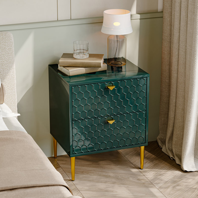 24.4" Tall 2-Drawer High Gloss Nightstand, Green