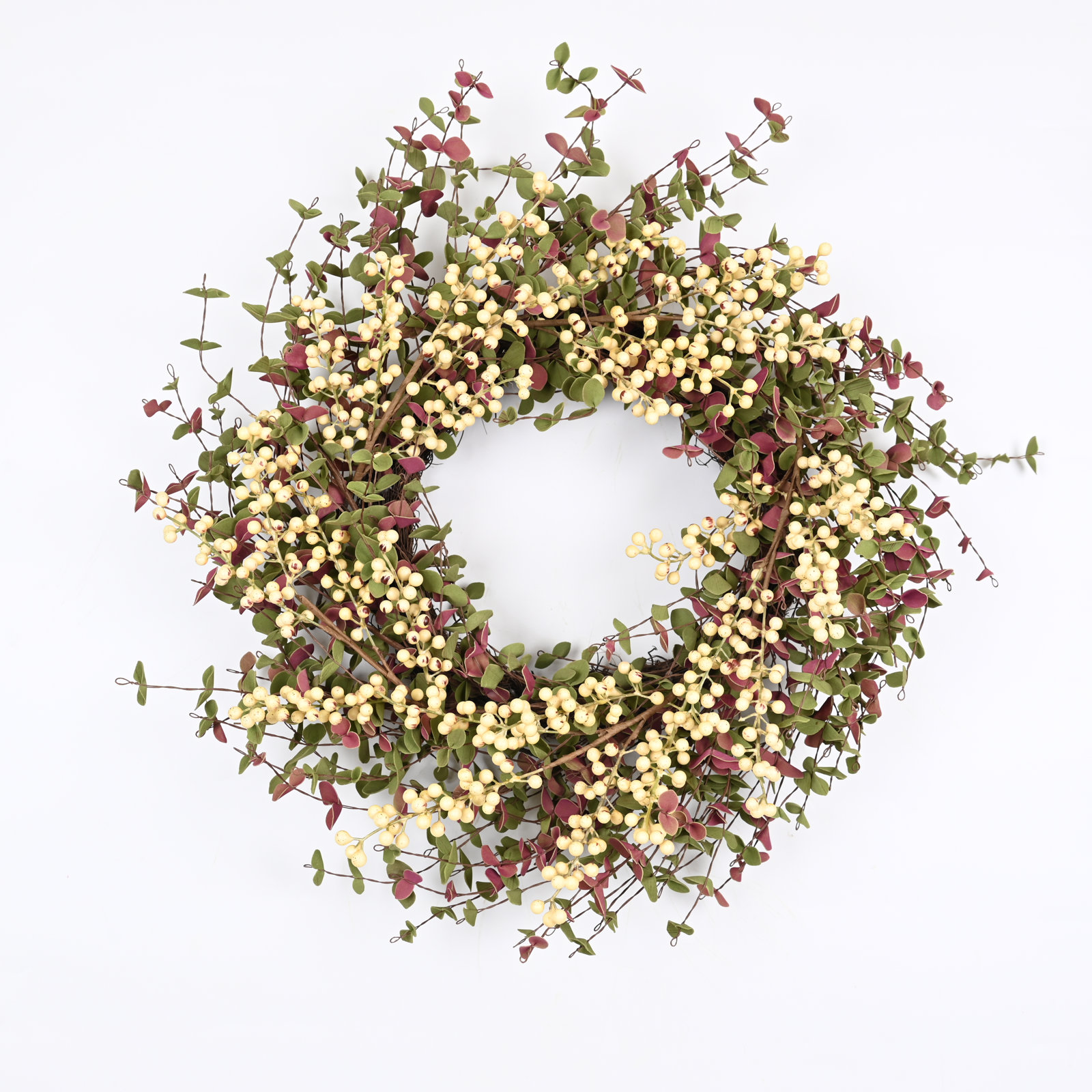 Artificial Farmhouse Blossoms Cluster Greenery Mini Eucalyptus Berry Thanksgiving Day Fall Wreath For Front Door, Cream/Green