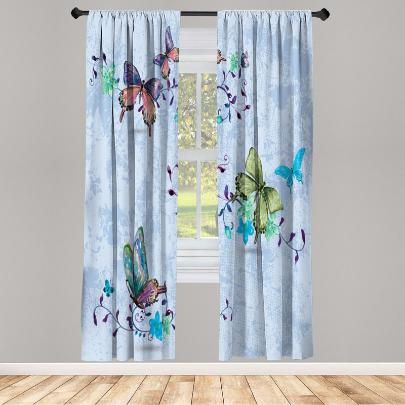 Microfiber Floral Semi-Sheer Rod Pocket Curtain Panels, 28" W x 95" L, Sky Blue/Yellow Green