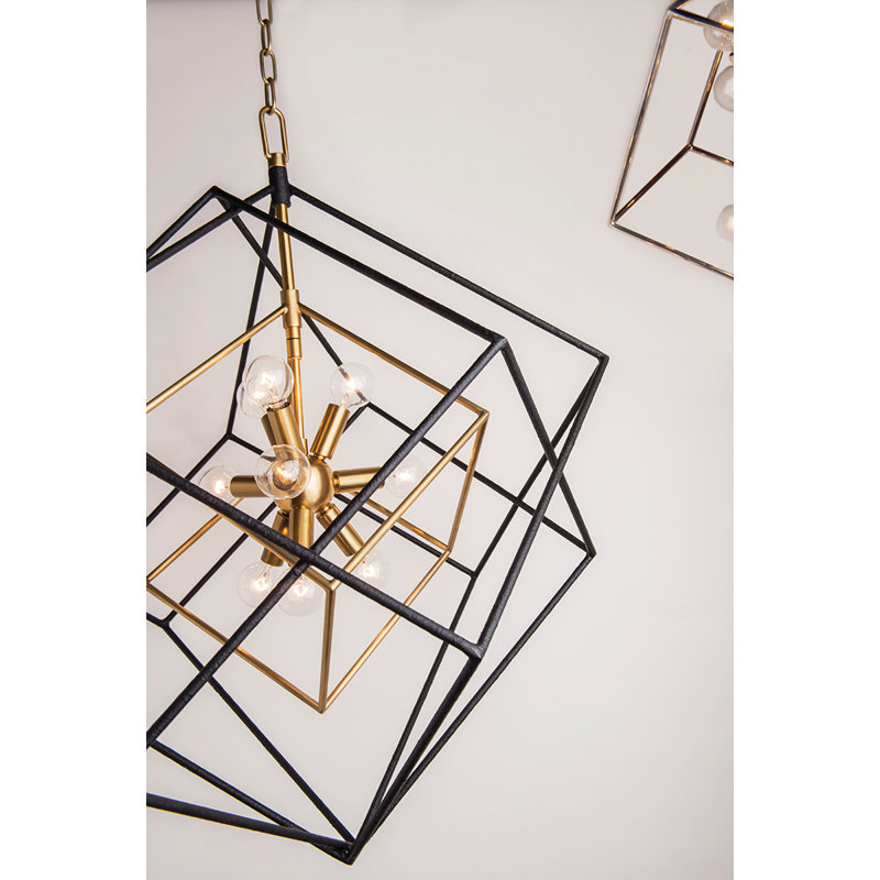 Aged Brass and Black 15-Light Cubist Pendant