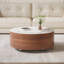 Table basse ronde moderne sur roulettes, 2 tiroirs, plateau en pierre frittée imitation marbre, finition noyer-1848245492