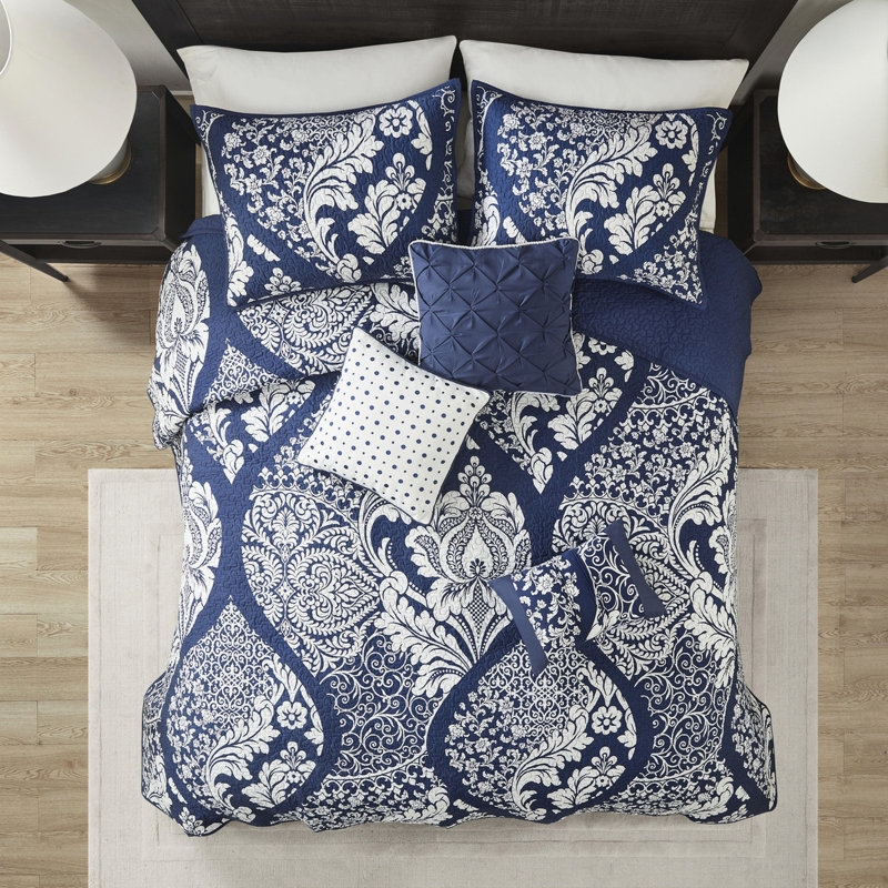 Courtepointe très grand / très grand avec 6 coussins décoratifs de couleur contrastante en coton, indigo et moelleux, Indigo