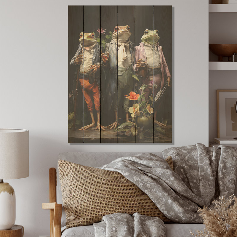 Dressed Frog Ballet - grenouilles et crapauds, art mural sur bois de pin naturel, H 20 po x l 10 po