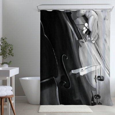 Monochrome Instrument White – Musician with Cello – Polyester Shower Curtain, Dye Sublimation Print, 71" W × 74" L