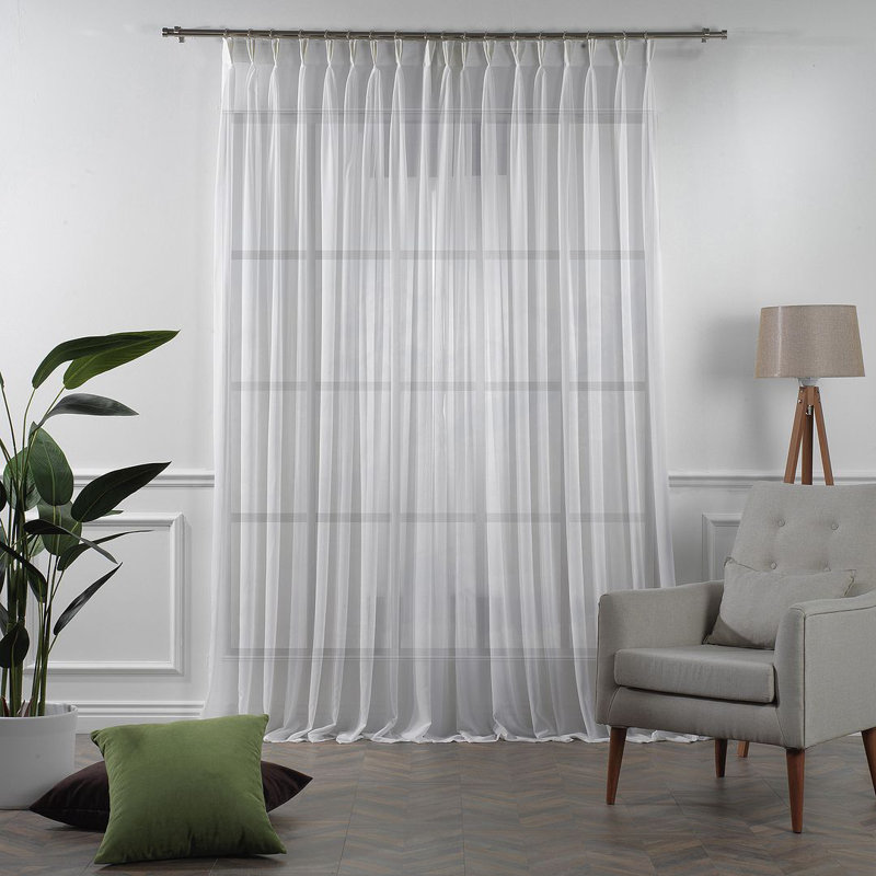 Pinch Pleat Extra Long & Exra Wide Silk Crep Single Panel Sheer, White, 75" W x 192" L