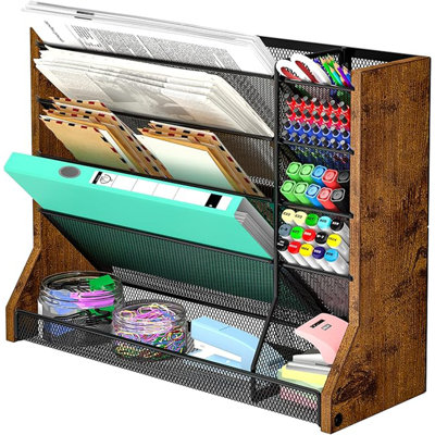 Organisateur de classeur mural 5 niveaux Ironwood, brun | Cloisons réglables en filet, support de bureau suspendu peu encombrant, plateau inférieur stable en forme de R, boîte aux lettres de bureau multifonctionnelle