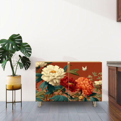 Buffet Buffet avec rangement Vibrant pivoines blanches orange et rouges avec 2 portes pour le salon et la cuisine