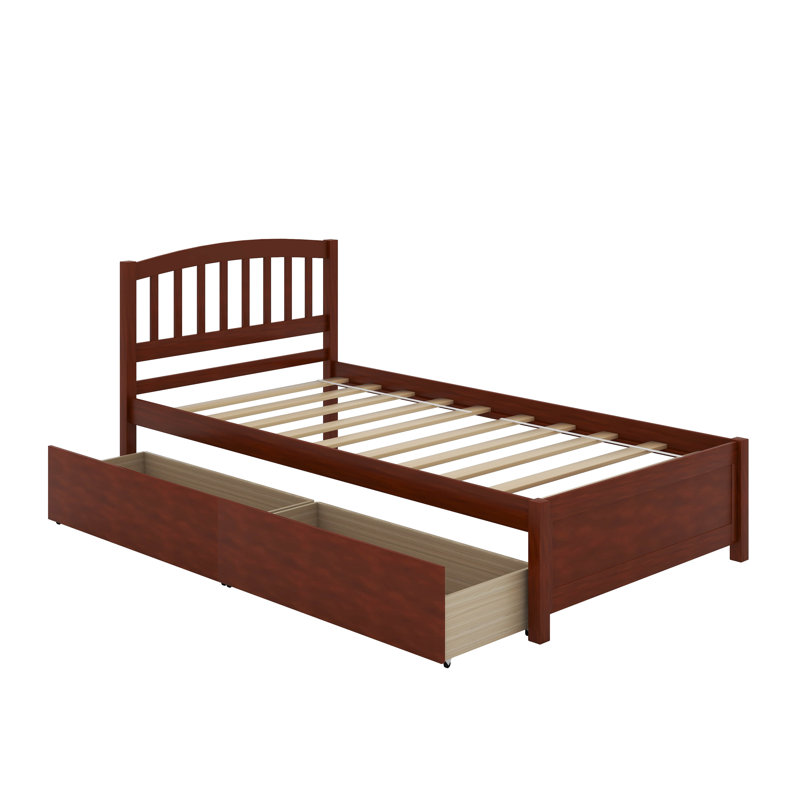 Lit plateforme simple en bois massif avec deux tiroirs et tête de lit, Walnut