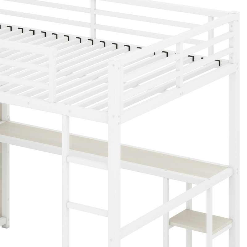 Metal Loft Bed Frame With Built-In Wardrobe, Desk And Storage Shelves, White, Queen