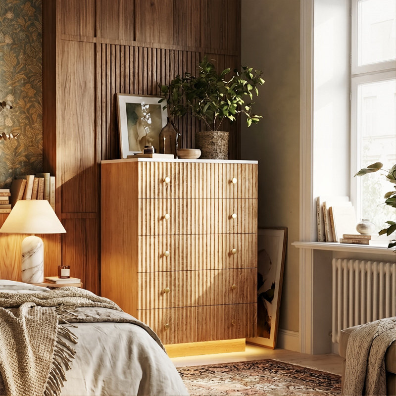 73cm W 5-Drawer Chest with 3-Colour LED Light,  Nordic Minimalist Tall Dresser with Metal Handles, Natural Oak Effect
