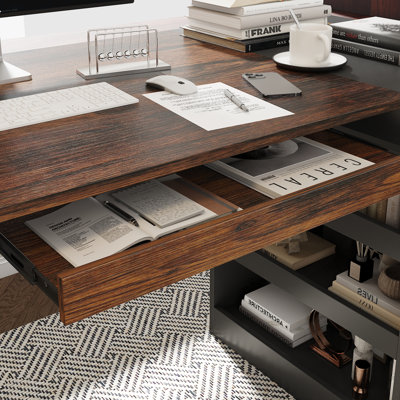 63" W Height-Adjustable Standing Desk with 3 Drawers, 5 Shelves & Fingerprint-Lock File Drawer