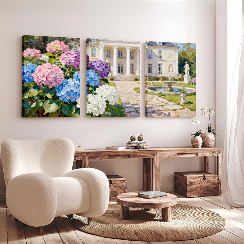 Ensemble de 3 tableaux sur toile tendue « Hortensia Garden Manor », H 30 po x l 60 po