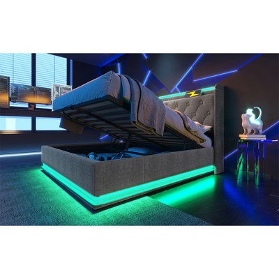 Lit tapissier pleine grandeur, fonction DEL à 360 degrés, boutons / applications / télécommande, lit de rangement hydraulique avec chargement USB Type-C, gris, lin (sans matelas)