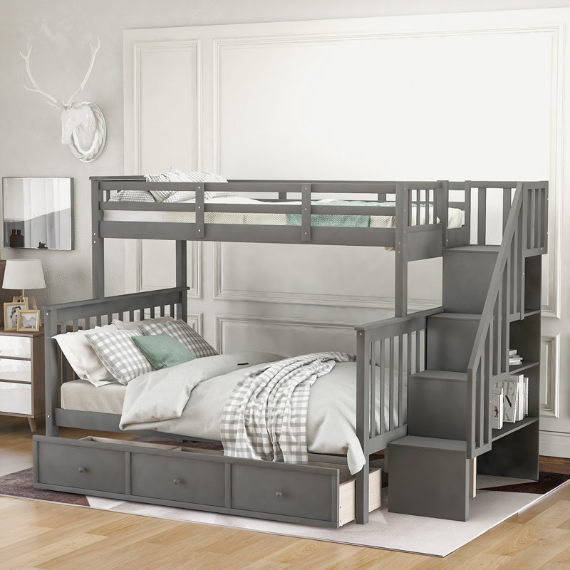 Stairway Twin-Over-Full Bunk Bed With Drawer, Storage And Guard Rail For Bedroom, Dorm, For Adults,, Gray
