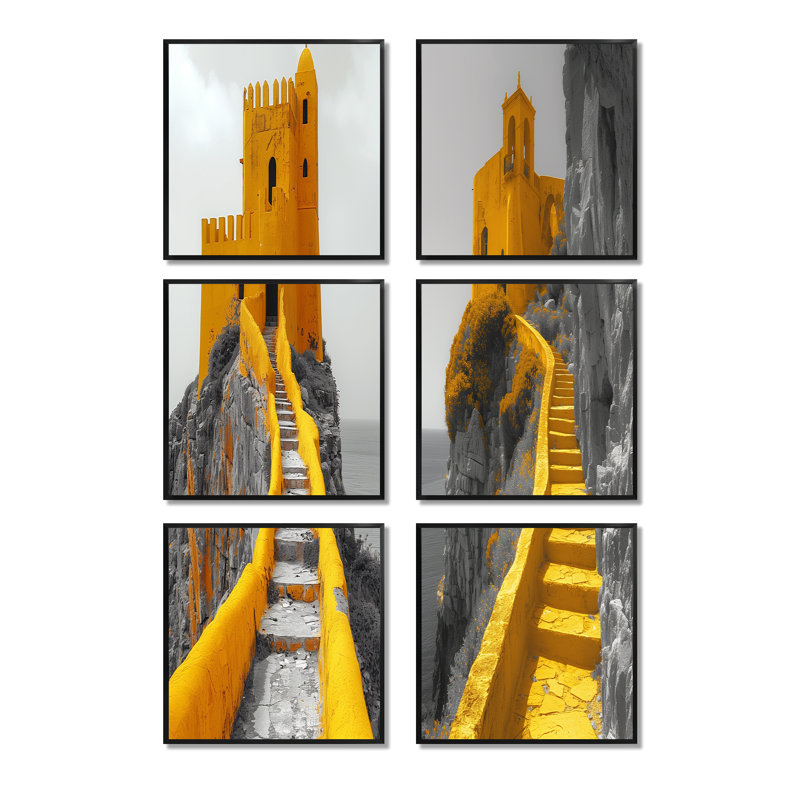 Ensemble de 6 décorations murales monochromes jaune et gris de l'ancienne citadelle Fortress, Noir, Framed Print without Mat