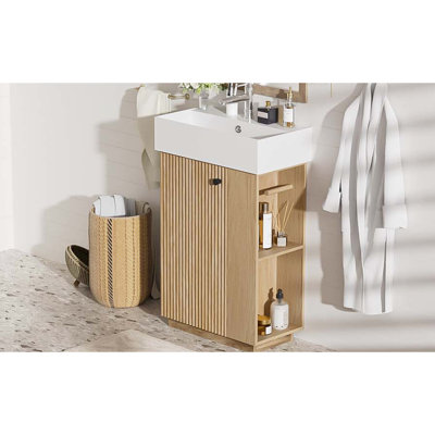 Meuble-lavabo moderne de 21,6 po avec lavabo en céramique, tablettes fixes à l'intérieur de la porte et charnières à fermeture en douceur de 21,6 po avec tablettes, fonction pour l'organisation