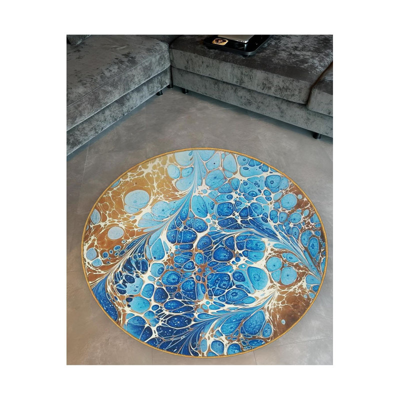 Tapis bleu lavable à motif abstrait rond bleu, Rond 3 pi 3 po