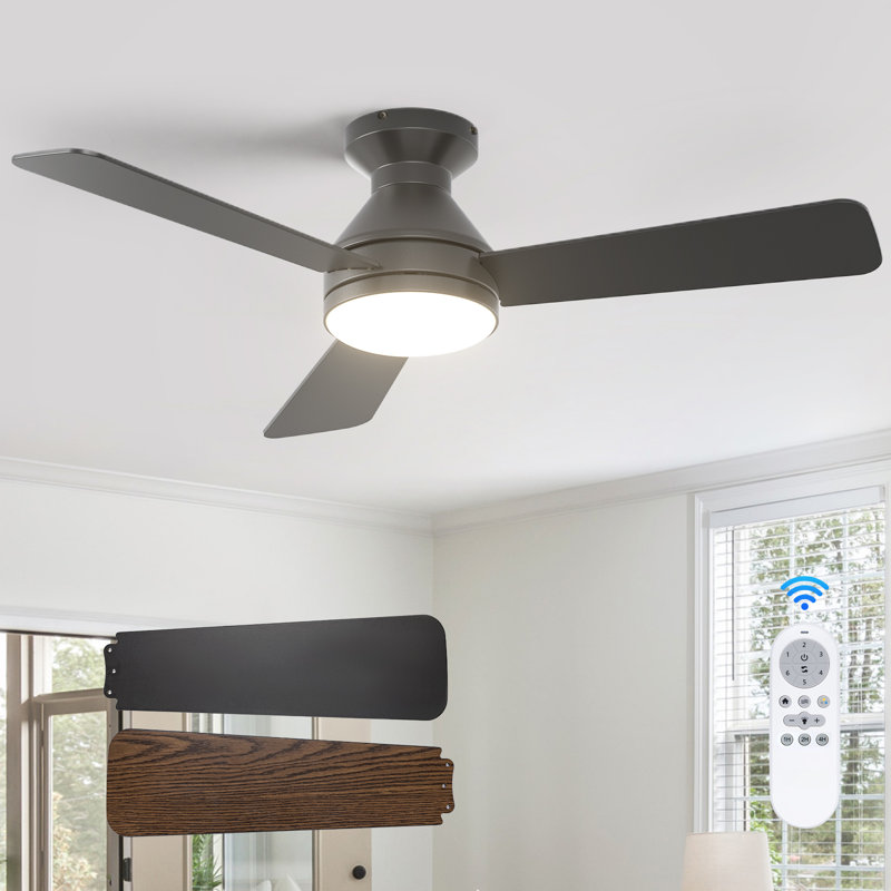 42" 3-blade Ceiling Fan With Light And Remote Control, Flush Mount, Reversible Dc Motor With 6 Speeds, 3cct Led, Black, Black