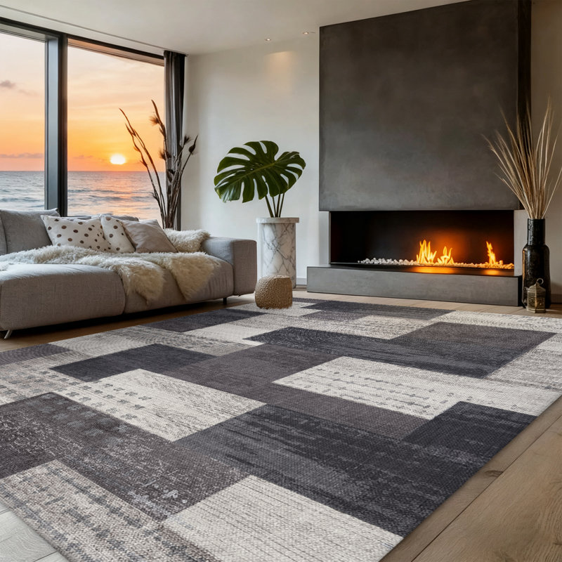 Machine Washable Geometric Area Rug - Ultra Soft Faux Cashmere with Non-Slip Backing, Modern Color Block Design in Black/White