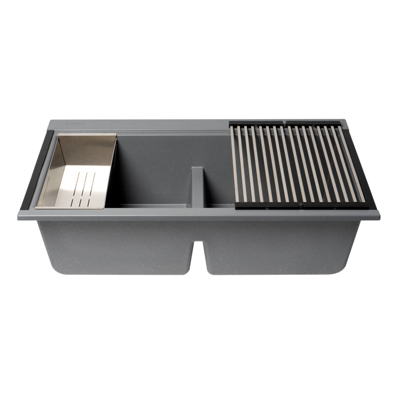 33.86'' L Double Bowl Granite Kitchen Sink, Titanium
