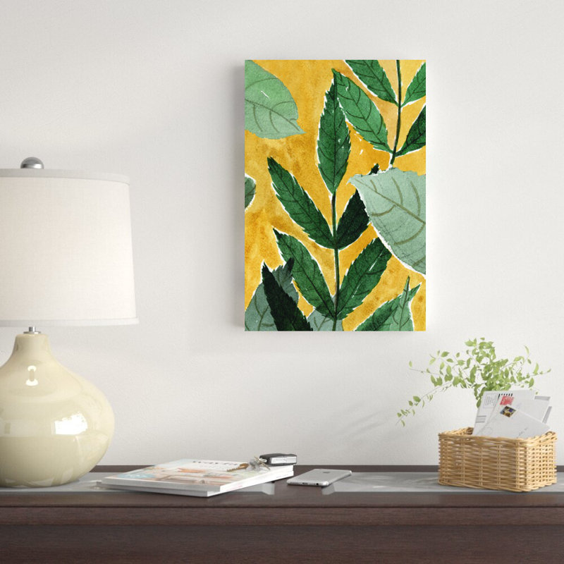 Feuilles vertes sur fond jaune - impression, H 18 po x l 12 po