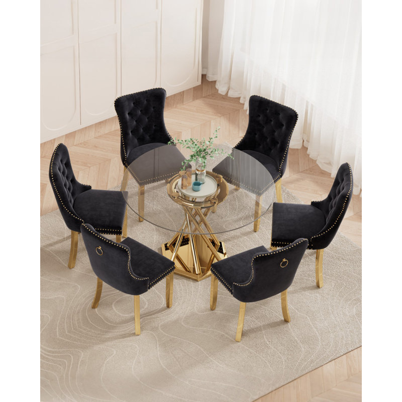 Ensemble de table de salle à manger 47,2 po pour 6 personnes, table de salle à manger avec 6 chaises en velours, Noir et or