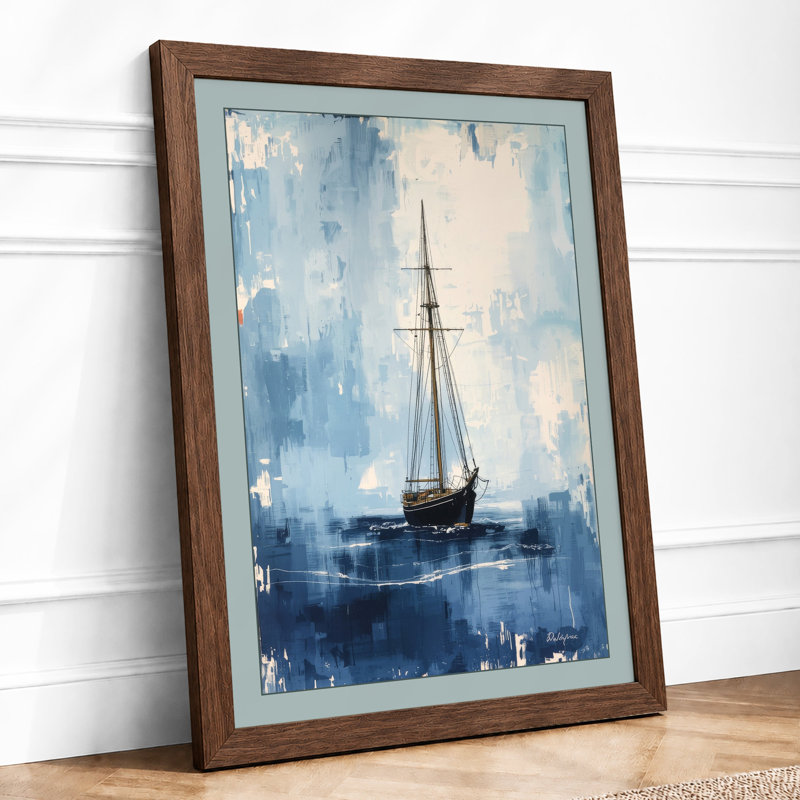 Sailboat in Mist Coastal - Framed Print, A2 - 59.4 x 42.0 cm, Walnut