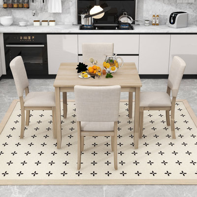 Modern Wooden Dining Set: Space-Saving Square Table with 4 Upholstered Chairs