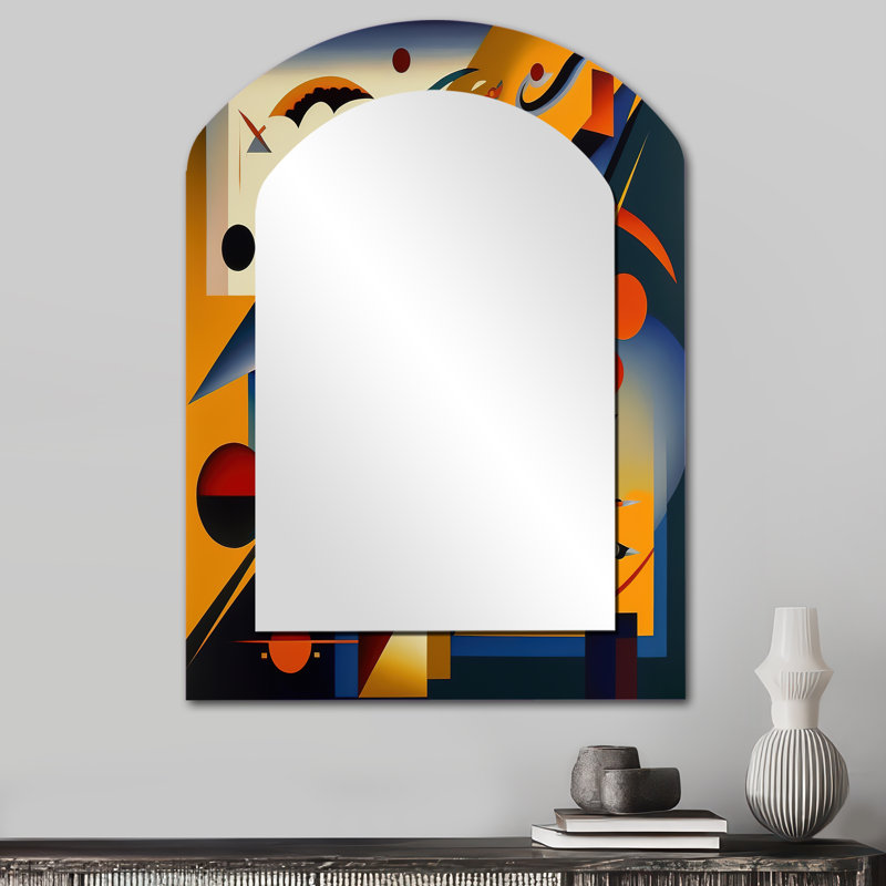 Multicolor Geometric Orange Shapes IV - Geometric Arch Wall Mirror, Modern Asymmetrical Decorative Mirror, Printed Metal Art
