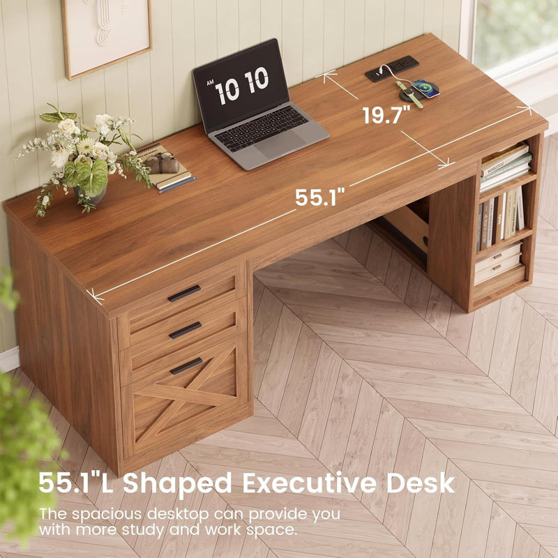 55.1" Farmhouse Office Desk With 3 Drawers, Computer Desk With File Drawer & Storage Shelves, Brown