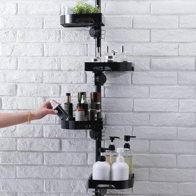 4-Tier Corner Shower Caddy Tension Pole Organizer - Black - Adjustable Rustproof Metal Pole With Plastic Shelves And Safety Guardrail, Bathroom Storage For Shower & Bathtub