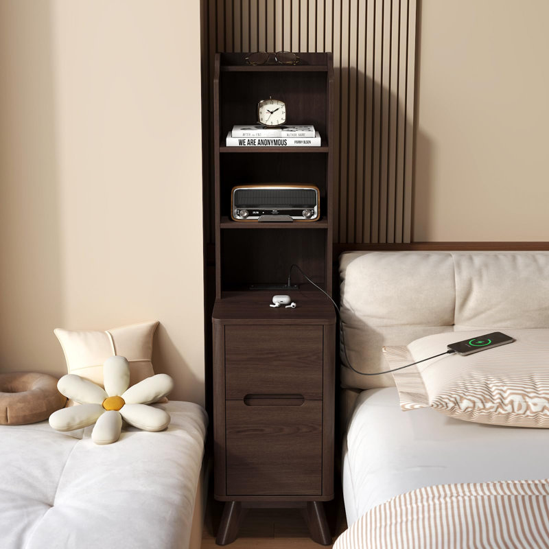 Tall Nightstand with Charging Station, Brown