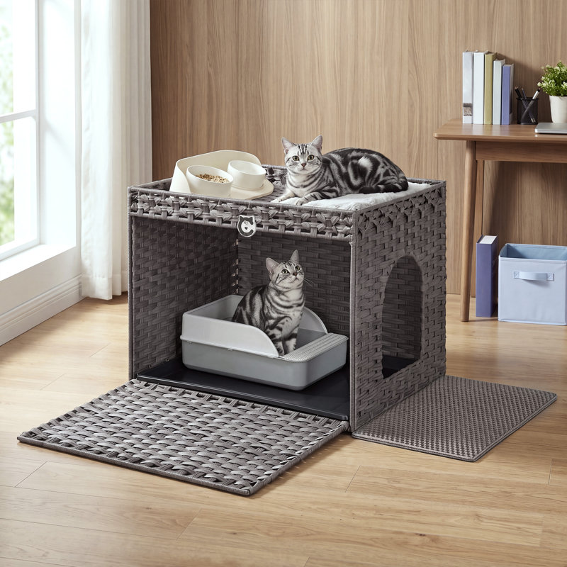 Meuble à litière en rotin tissé à la main Boho avec tapis de litière supplémentaire et plateau lavable amovible, Gris
