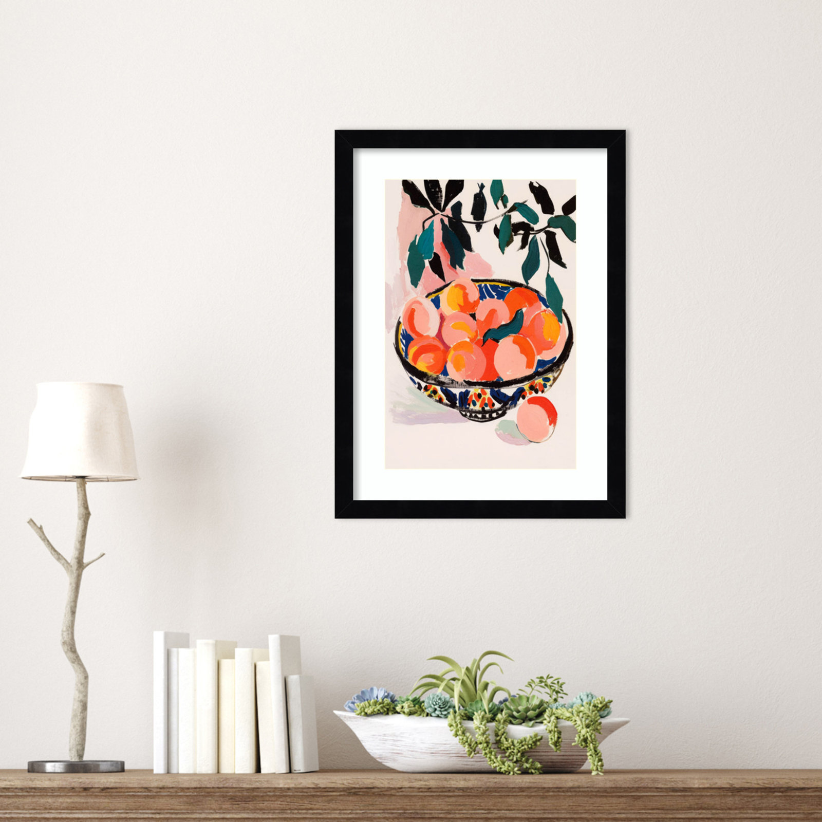 Ottilie "Fresh Peach Fruit Bowl" Print, Black Framed, 17" H x 13" W