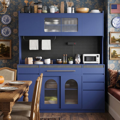 Armoire de rangement sur pied l 63 po, grande armoire de rangement pour bar à café, avec panneau perforé, porte-serviettes, prise de courant, 6 tiroirs, 5 armoires avec tablettes réglables, facile à assembler