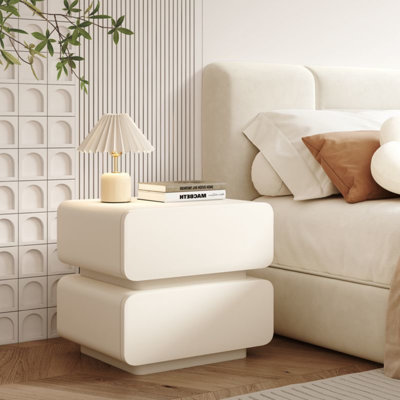 19.68-inch Modern White Luxury Nightstand, Double Drawer Solid Wood Bedside Table with Microfiber Leather for Bedroom and Living Room