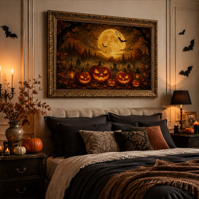 Citrouilles d'Halloween illuminées dans une forêt d'automne avec une toile murale d'Halloween, H 20 po x l 30 po