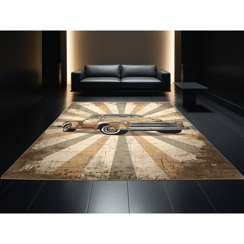Machine Washable Daleville Vintage Pickup Truck Country Rustic Vintage Look Rug in Beige – Beige Binding, 3x5