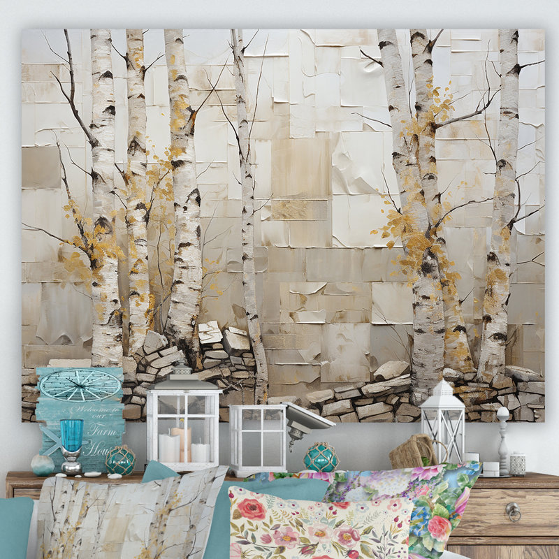Art sur toile de bouleau beige et jaune, Toile tendue, H 16 po x l 32 po x P 1 po
