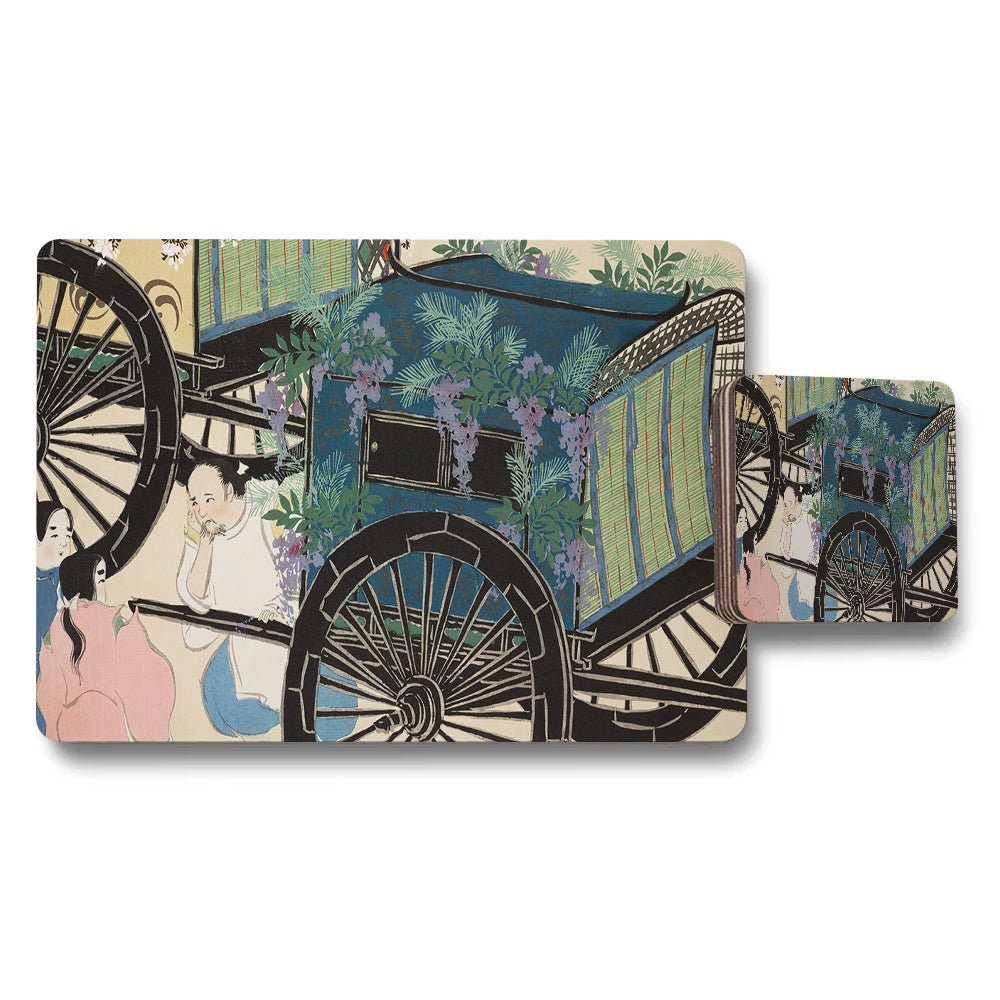 Vintage Chinese Cart And Garden Scene Placemat Coaster Set