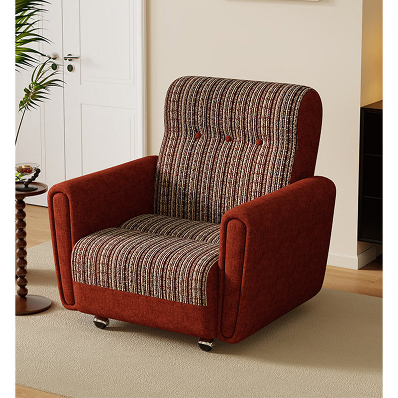 Fauteuil d'appoint en bois massif de style rétro avec patchwork rayé et roulettes pour le salon et la chambre à coucher