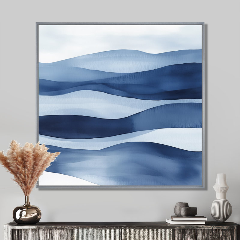 Indigo Abstract Wall Art, Indigo Horizon, Navy Blue Canvas, Silver Floater Framed, 30" H x 30" W
