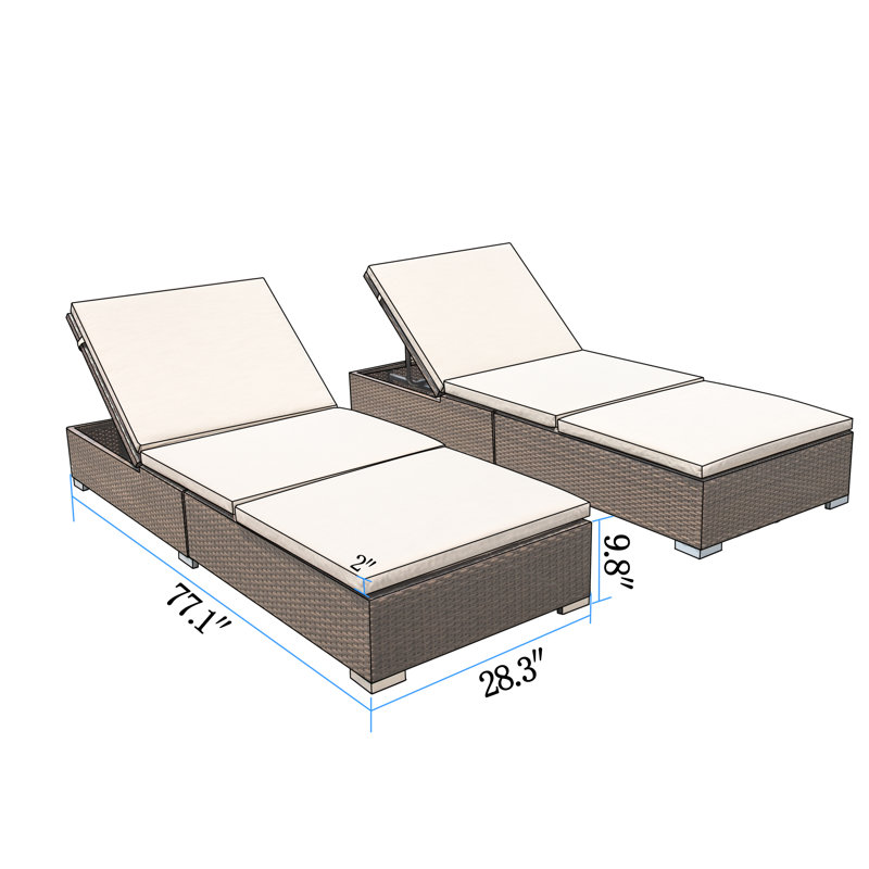 Chaise longue simple inclinable en aluminium et osier avec coussins 77,1 po Pacey, Beige, Brun